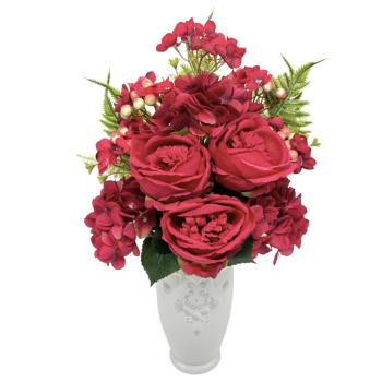 Buchet 11 Fire Trandafiri Austin cu Hortensie Rosu Inchis